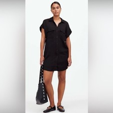 Madewell Mini Dress Black Linen Blend Utility Button Front V Neck Pockets Medium