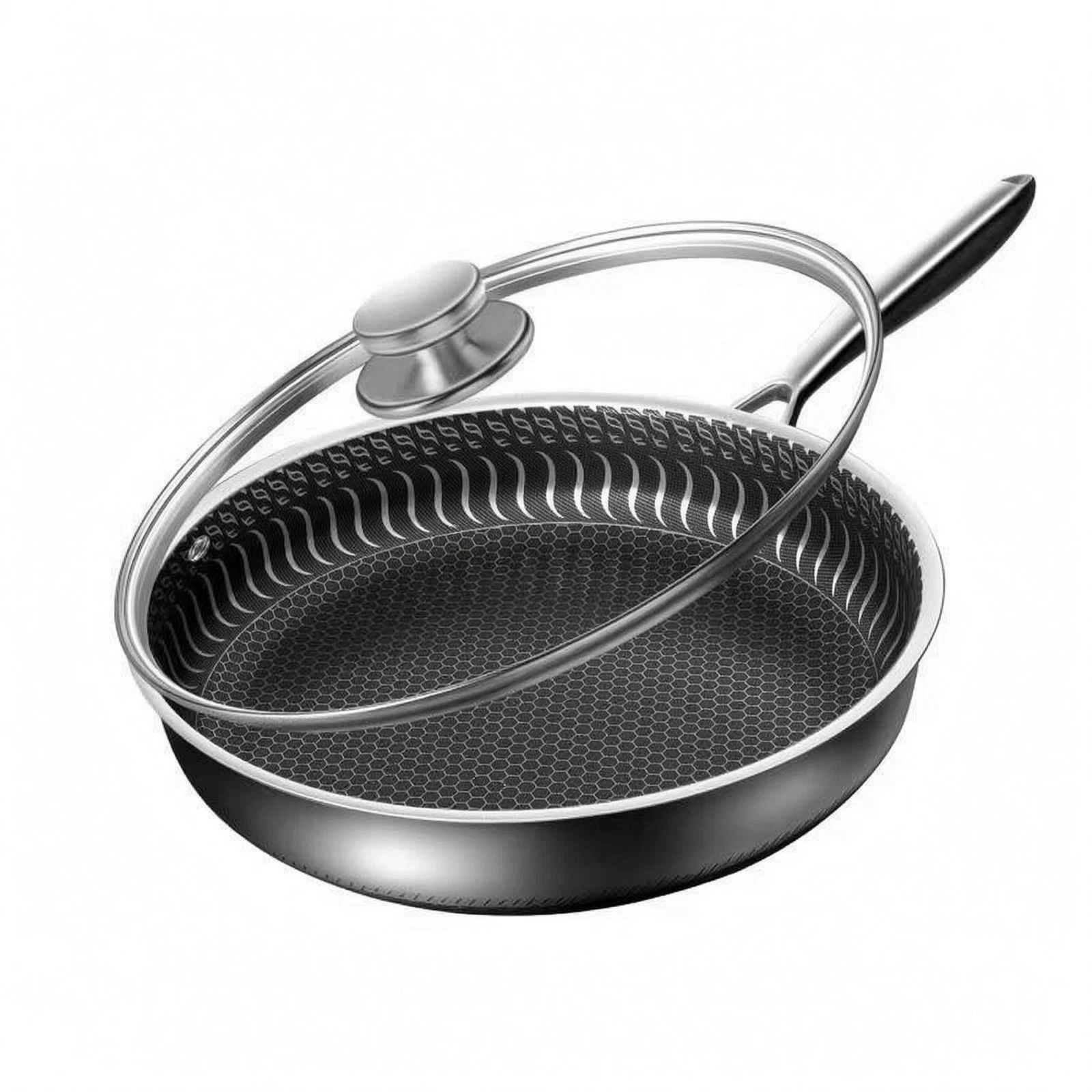 Lidded Frying Pan Lid Included Cookware Hexagonal Pattern Texture