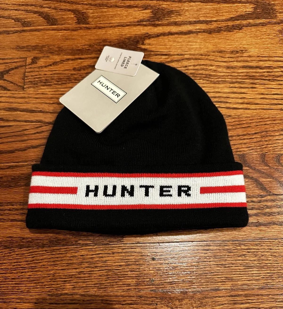 Hunter Stripe Logo Beanie Winter Hat Cuff Black Red White Fleece Lined NWT