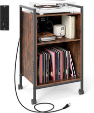 Rustic Record Player Stand with Charging Station  3-Tier Vinyl Storage