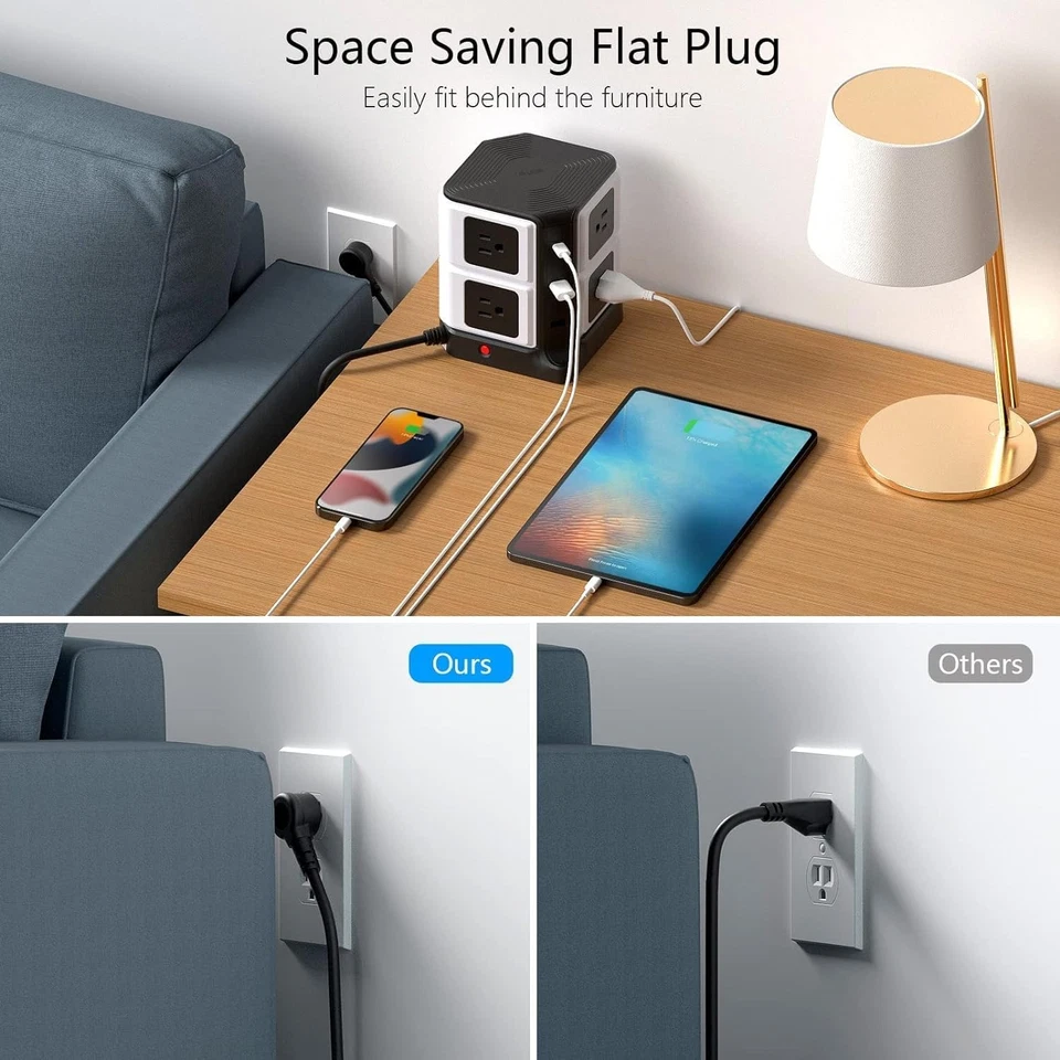 Torre Power Strip con PD20W USB C, BESTK 8-Outlet y Negro Blanco Foto 4 de 4