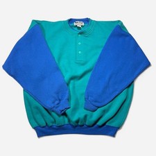 Vintage 90s MTO teal  blue colorblock crewneck with button placket, XL