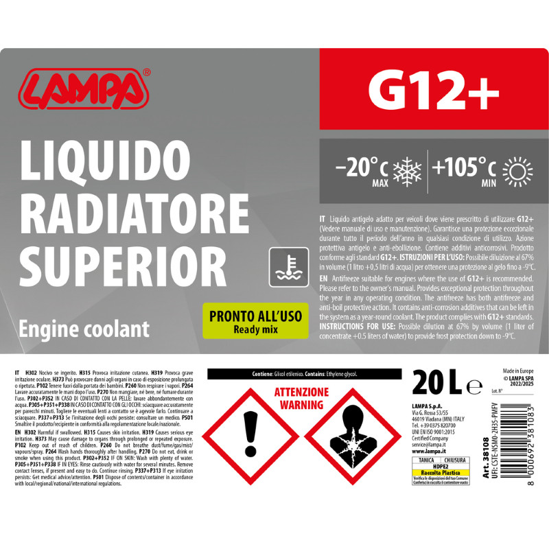 Lampa - Liquido Antigelo G12+ Superior Rosso (-20 C) Radiatore Auto 20 Lt Pronto Fluidi - Miniatura 2