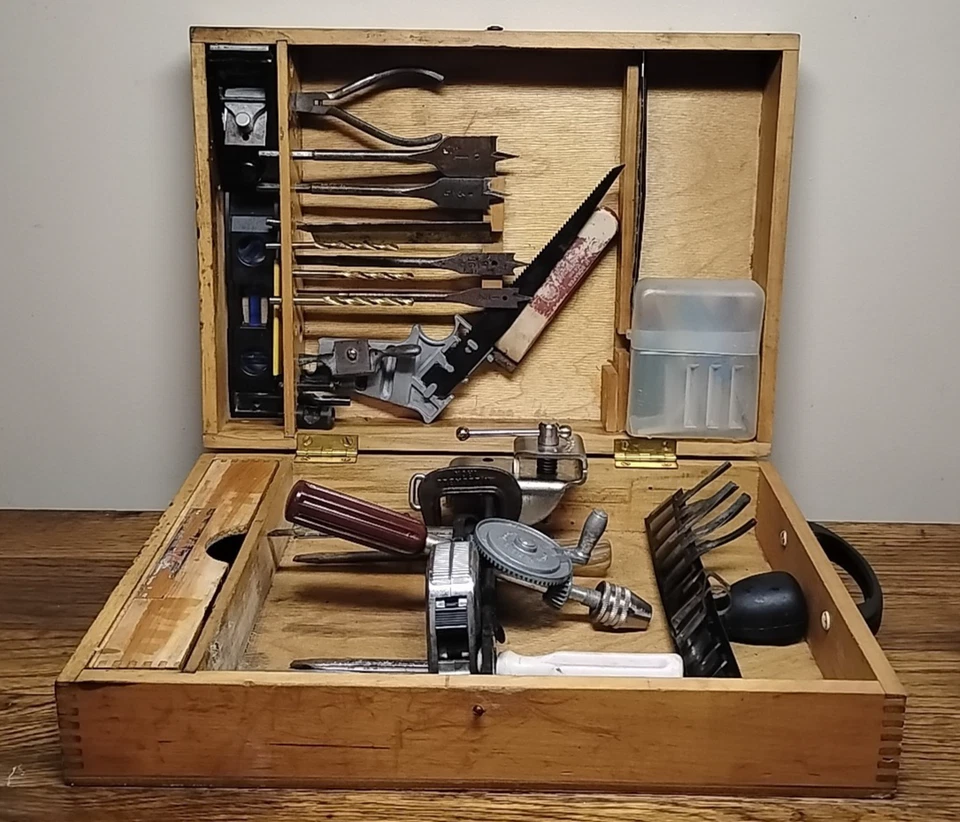 Vintage X-acto Wood Tool Box,Hand Drill,Plane,Scraper,Saw,Bits+Total 60+Pieces - Image 4 of 4