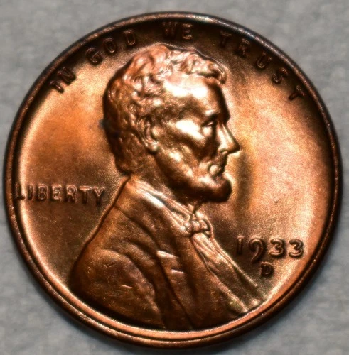 Gem Uncirculated 1933-D Lincoln Cent, Blazing, Full-Red specimen.