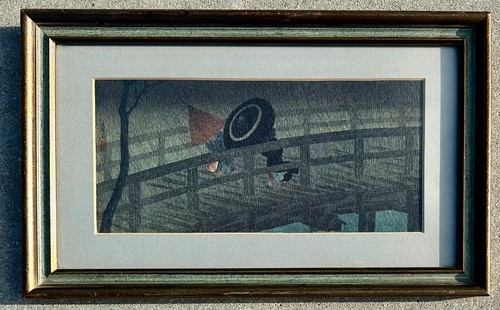Stampa xilografia giapponese Takahashi Hiroaki (Shotei) Rain on Izumi Bridge C1930 - Foto 3 di 13