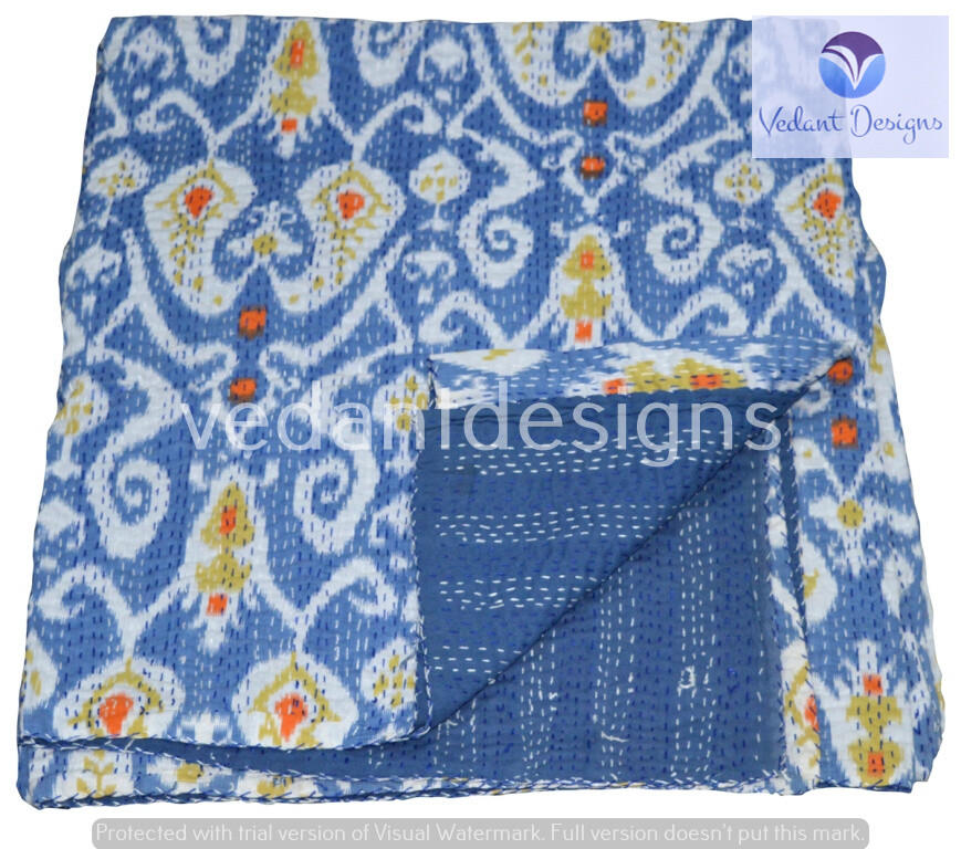 Cotton Vintage Bed Runner Ikat Blanket Queen Kantha Quilt Boho