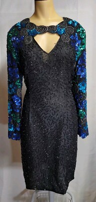 VTG Scala Silk Dress Black Fully  Beaded Sequin Formal Evening Long Sleeve S M