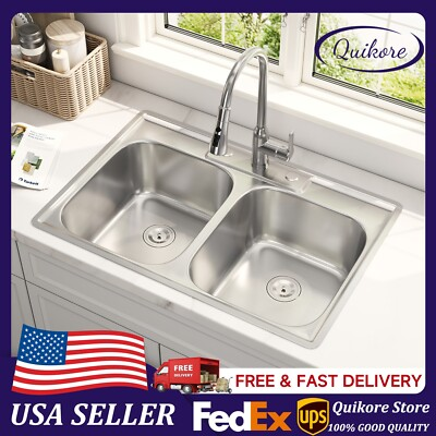 #ad Quikore 33x22 Drop In Double Bowl Kitchen Sink 50 50 Stainless Steel Sinks $149.99