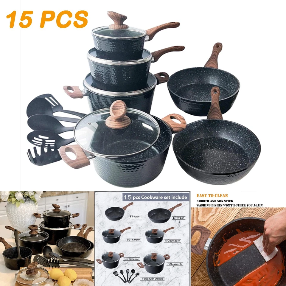 15-teiliges Kochgeschirr-Set Granitbeschichtete Antihaft Töpfe und Pfannen Set - Bild 2 von 4
