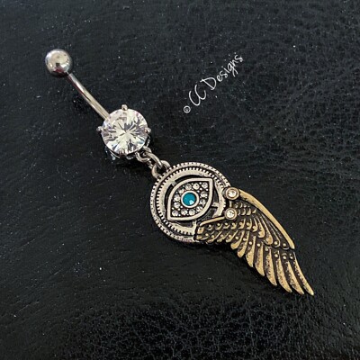14g Cz White Sparkle Dangle Steampunk Wing Eye Belly Button Navel Ring (B218)