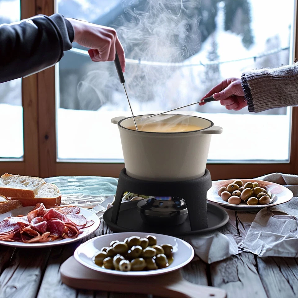 Juego de Fondue de Hierro Fundido Juego de Fondue de Carne Suiza con 6 Tenedores de Fondue Blanco Foto 2 de 4