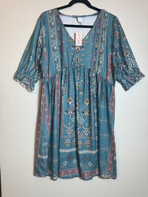 Pixie Lady Short Dresses for Women V Neck Boho Casual Smocked Waisted Sz 1X