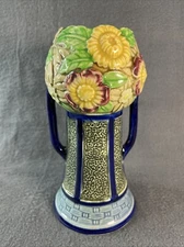 Maruhon Ware K Japan Glazed Handpainted Double Handle Flower Vase 7” Unique VTG
