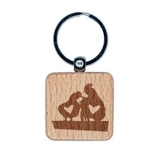 Chicken and Rooster Friends with Hearts Engraved Wood Square Keychain Tag Charm