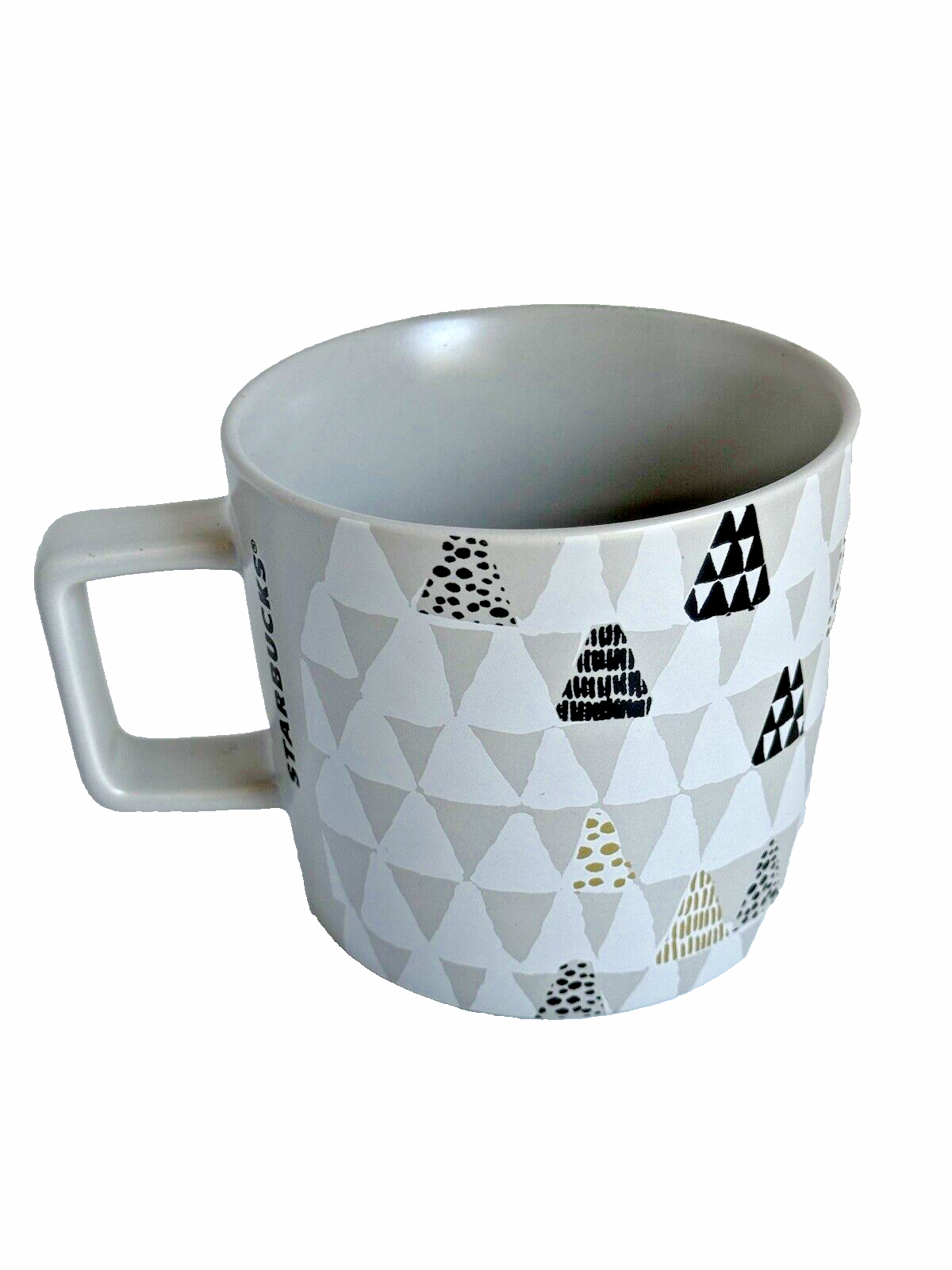 Starbucks Coffee Mug 2016 Geometric Triangles Gray Black Trees Ceramic 14 oz