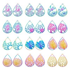 24Pcs Rainbow Stainless Steel Filigree Pendants Teardrop Etched Embellishments