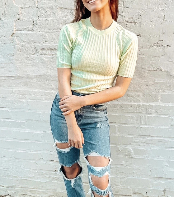 NWT Free People Friday Morning Swit Tee in Sugared Mint Size XS Ribbed Knit Top