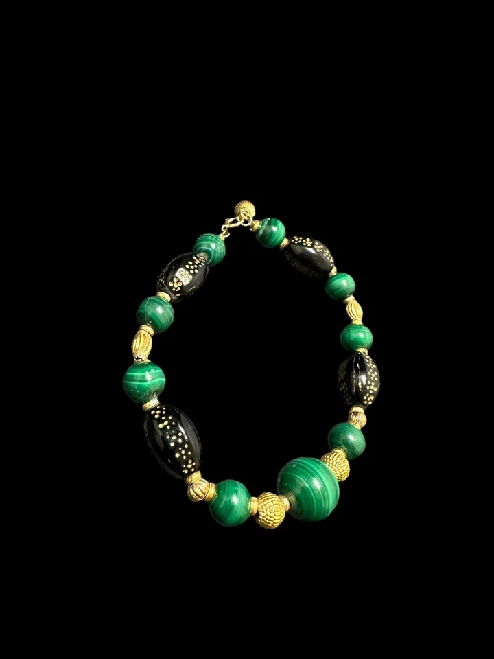Pulsera firmada 14k O malaquita múltiples piedras preciosas con cuentas 7 3/4 pulgadas Foto 3 de 4