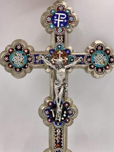 ANTIQUE RARE HANDMADE ITALIAN MICROMOSAIC CATHOLIC CROSS ROME ITALY - Picture 2 of 13