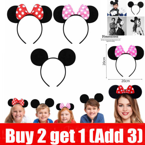 Cartoon Mouse Ears Headband Kids Ladies Party Fancy Dress Polka Dot Bow Hairband - Picture 1 of 15