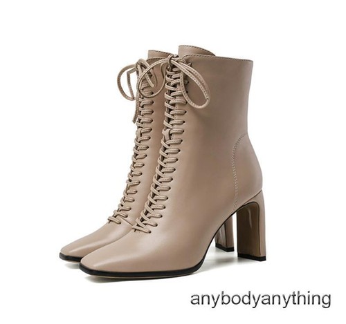 Womens OL Square Toe Lace Up Ankle Boots High Heels Daily Business Chelsea Boot - Picture 6 of 27