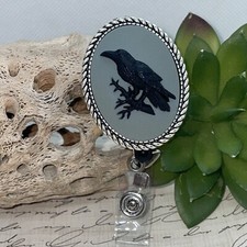 Gray Grey Black Raven Crow Lanyard Cameo Retractable Reel ID Card Badge Holder