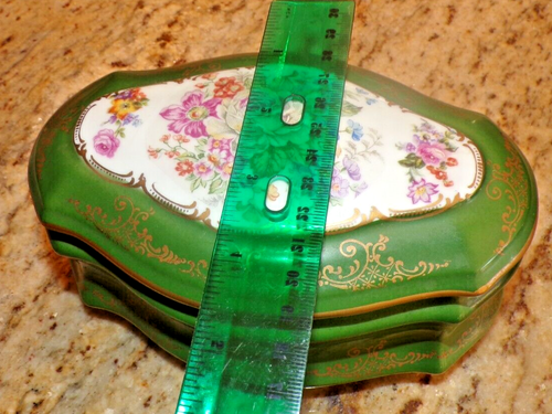 Vintage französische Couleuvre Ligne Limoise grün gold Blumen große Schmuckschatulle - Bild 7 von 7