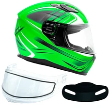 Green Adult Full Face Snow Helmet Dual Lens Anti Fog Shield Retractable Visor