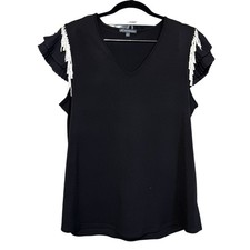 Adrianna Papell Pleated V-Neck Blouse Size L Beaded Embellish Pearls Minimalist
