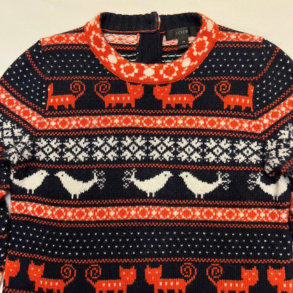 J. Crew Navy Orange Cat & Bird Wool Blend Fair Isle Sweater Size XS - Image 3 of 4