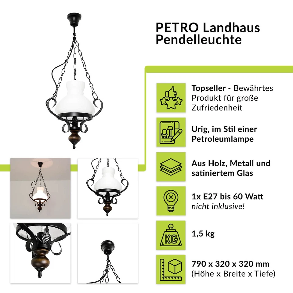 Landhausstil Hängeleuchte Braun Echt-Holz Glas Metall E27 Pendel Leuchte Lampe - Bild 2 von 4