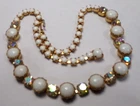 Vintage MILK GLASS & AURORA BOREALIS Rhinestone Necklace unbranded Adjust 15"