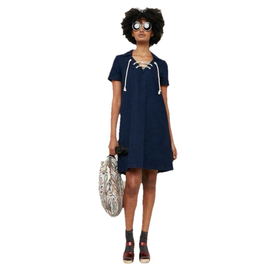 Gorman Spells Blue Denim Shift Dress Size 8 XS Open Collar Rope Tie Short Sleeve