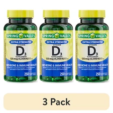 3-Pack Spring Valley Vitamin D3 5000 IU Softgels – 250 Ct Each, Immune Support