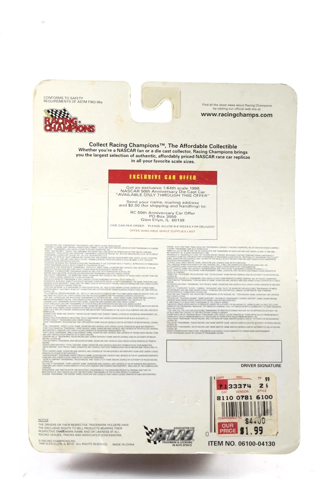 Tarjeta arrugada Jeff Burton #99 Exide 1998 Ford Taurus Racing Champions 1/64 Foto 3 de 4