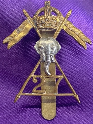 Genuine WW2 War Raised The 27th Lancers Cap Badge BiMetal w/slider