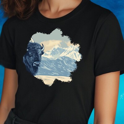 Frauen T-Shirt Handgezeichneter Bison Motiv Baumwolle Größe S bis 3XL