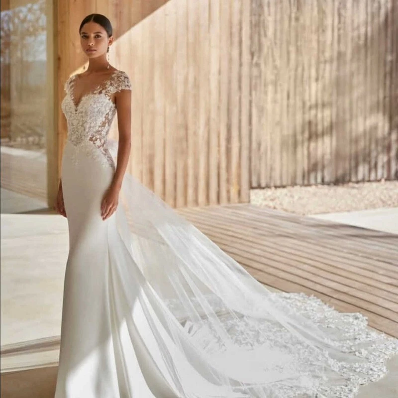 Boho Brautkleid Hochzeitskleid V-Ausschnitt Spitze Aufkleber Weiß Ivo - Bild 2 von 4