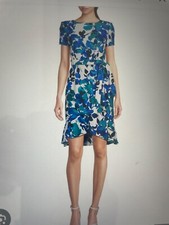 Calvin Klein Short Sleeve Belted Blue Floral  Ruffle Hem Dress Size 4 New