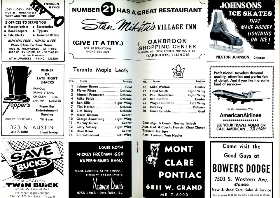 1968-69 Black Hawks Hull Mikita vs Maple Leafs Keon Tim Horton Unmarked Program - Image 4 of 4