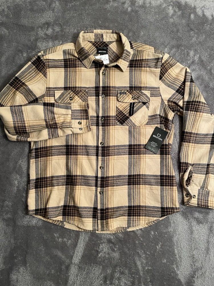 Brixton Bowery Mens Large Sand Plaid Vegan Wool Flannel Overshirt New  