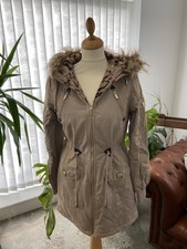 Brave Soul Ladies Aspen Coat Beige Leopard Trim Faux Fur Lined Hood New Tags 10