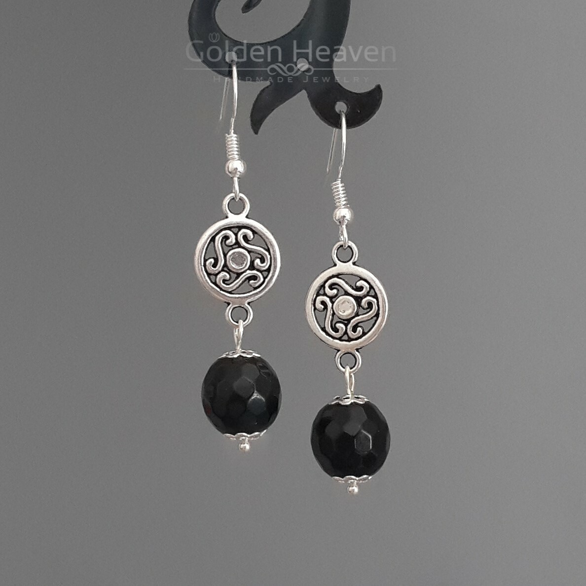 8mm Natural Black Agate Onyx Round Beads 925 Silver Dangle Hook Earrings