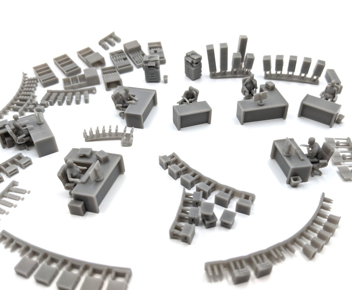 HO Scale Modern Office Desks Figures Shelves Chairs Photo Copier