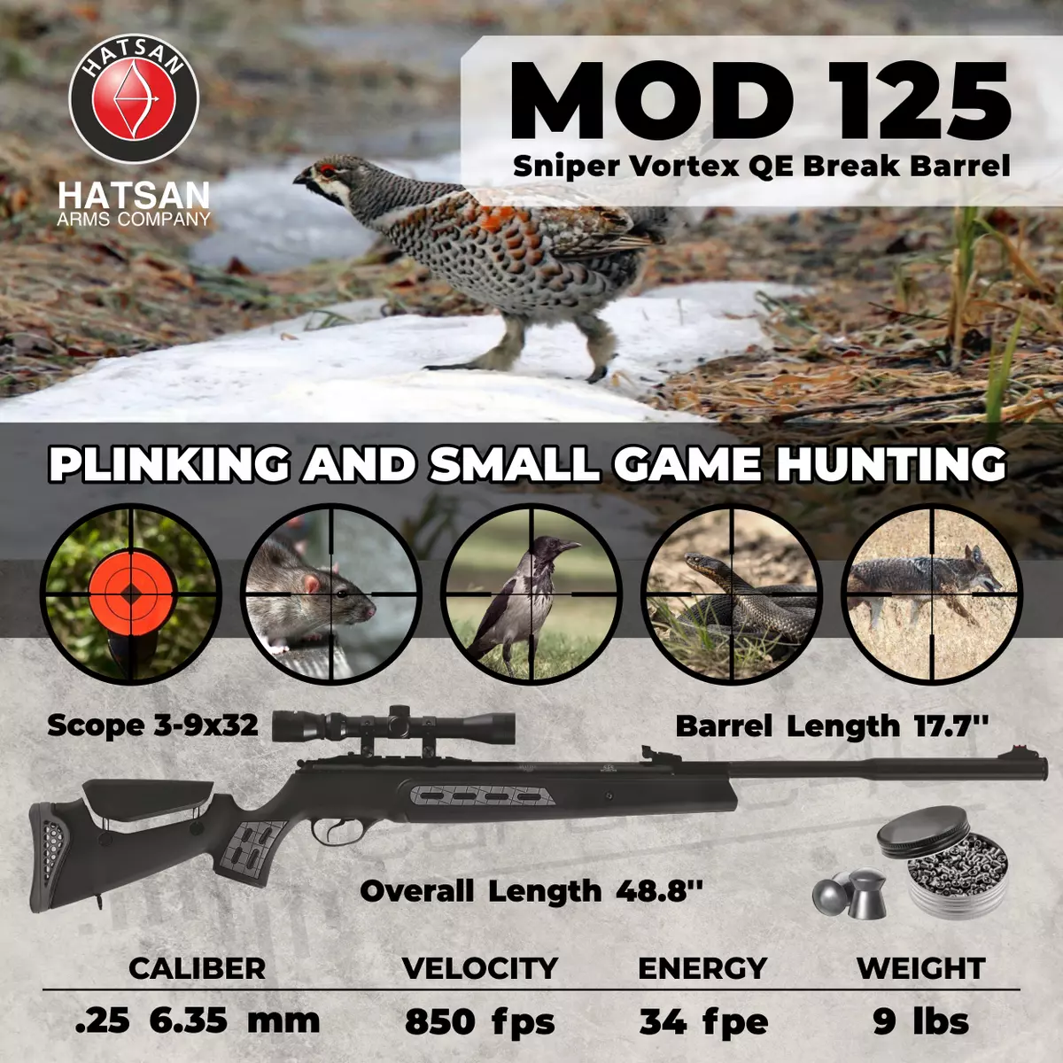 Hatsan MOD 125 Sniper Vortex QE .25 Caliber Air Rifle and Wearable4U Bundle