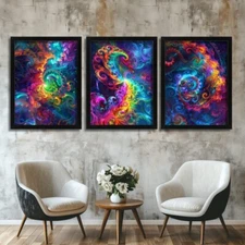 Abstract Art Print Set of 3 Colourful Fractal Psychedelic Wall Art Modern Prints