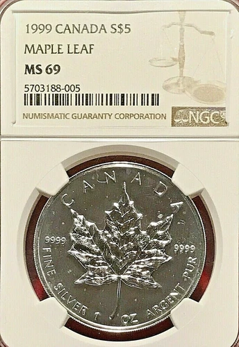 1999 $5 CANADA SILVER MAPLE LEAF NGC MS-69