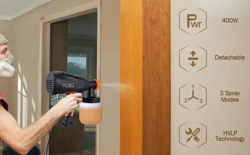 Meterk Pistola a Spruzzo per Verniciatura Elettrica HVLP 400W - Arancione e Nera - Foto 3 di 4