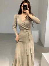 Stretchy Women Knitted Pencil Dress New Solid Vestidos Long Sleeve V Neck Slim